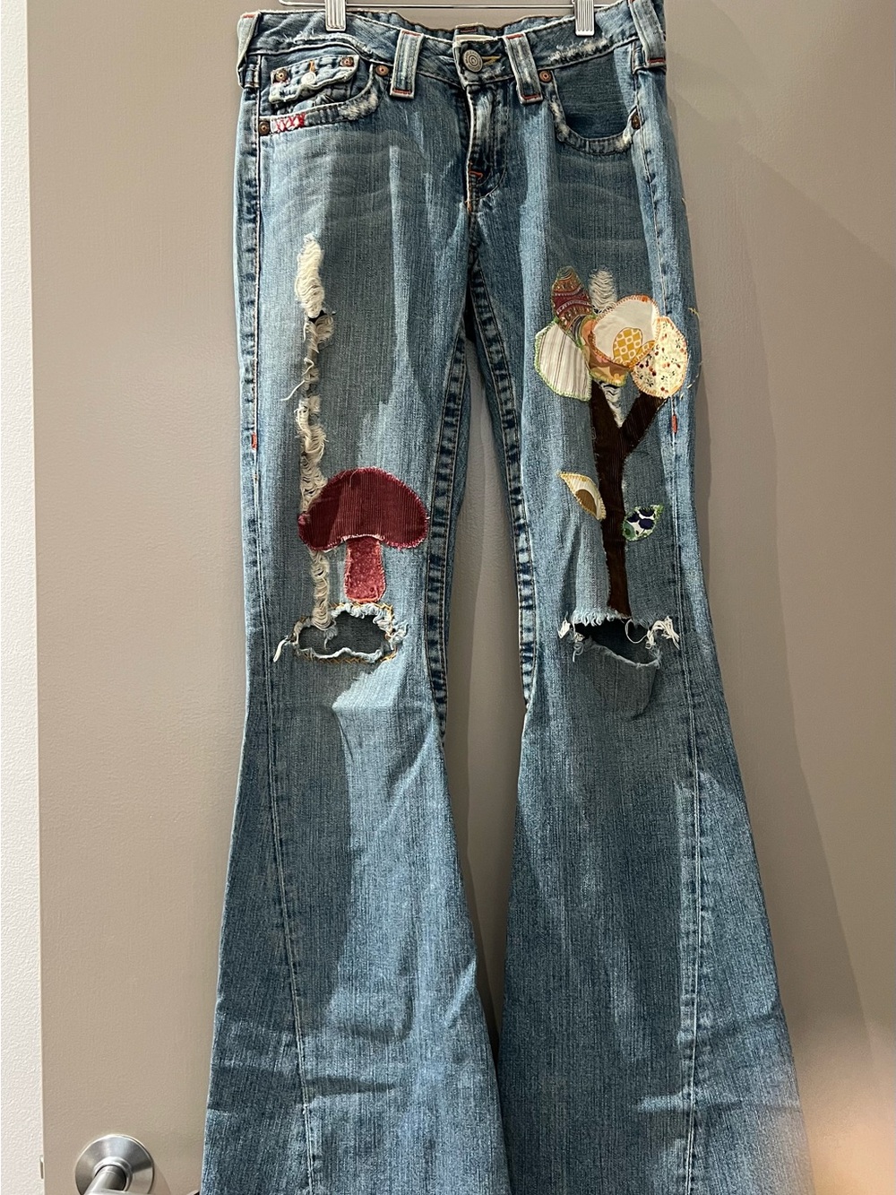 True Religion Blue Flare Jeans with Mushroom & Tree Appliqués